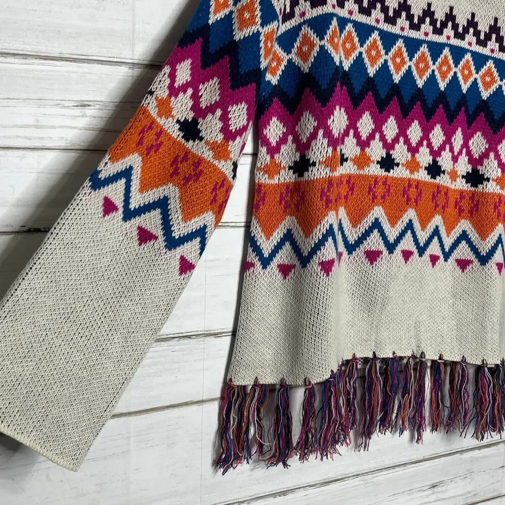 Umgee Fringe Fair Isle Sweater Women’s Small Multicolor Boho Knit Pullover